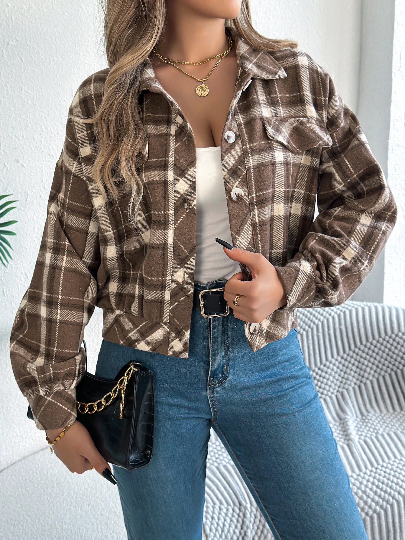 Women's Plaid Short Coat™ Lantern Long Sleeve Turn-Down Collar Button Woolen Jacket