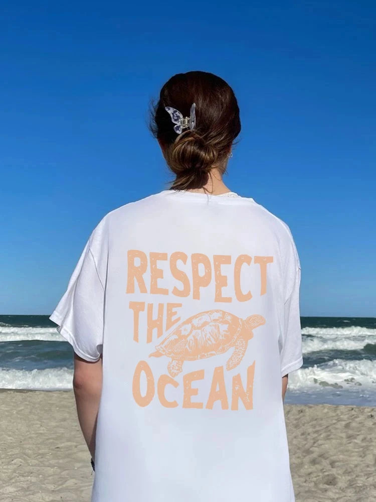 Respect The Ocean Green Turtle Printed Women's T-shirts™ Short Sleeve O-Neck T-shirts