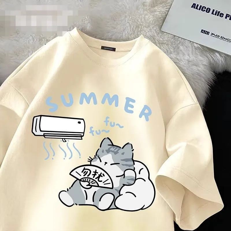 Women's Japanese Cartoon Cute Cat Print T-shirt™ Loose Casual Half Sleeve Soft Plus Size TShirt