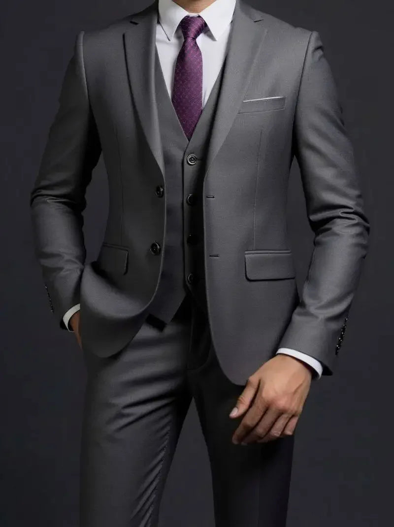 Men's Suit (Blazer+ Vest + Trousers) British Style Solid-color Suit
