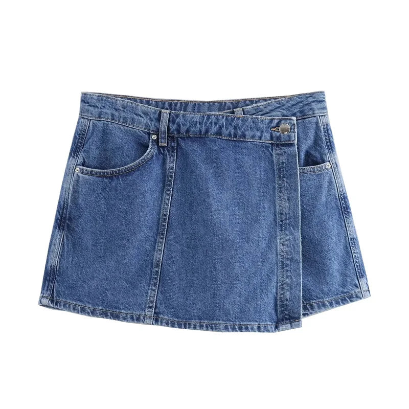 Women's TRAF Blue Denim Suit™ Short Sleeve Cropped Shirt & Short Y2k Set