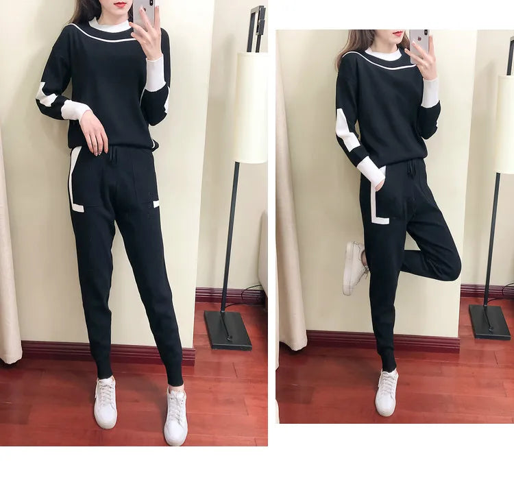 Women's Knitted Suit™ Autumn 2 Pieces Set Knitted Long Sleeve Pullovers Sweater Casual Patchwork Fashion Tops and Pants Suit