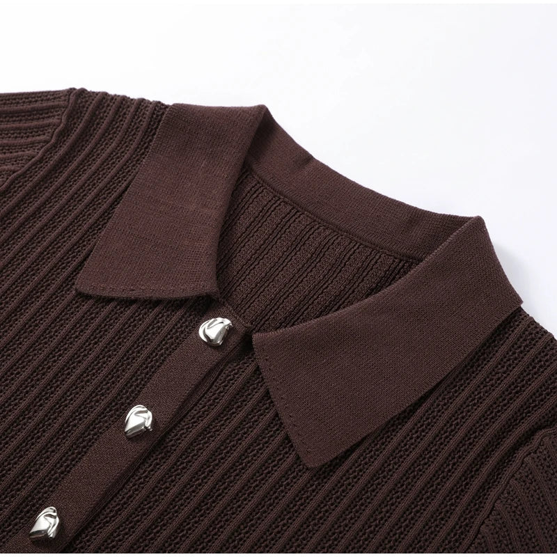 Women's Knitted Pants & Tops Set™ Turn Down Collar Half Sleeve Tops & Elastic Waist Straight Trousers Outfits