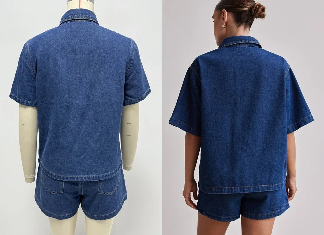 Women's Cross-Border Summer Suit™ Casual Vintage Loose-Fit Denim Shorts Suit