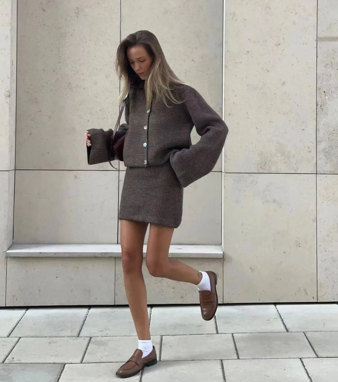 Women's Knitted Shirt and Skirt Set™ Long Sleeve Single Breasted Turn-Down Collar Shirt & Mini Skirt Cardigan Suits