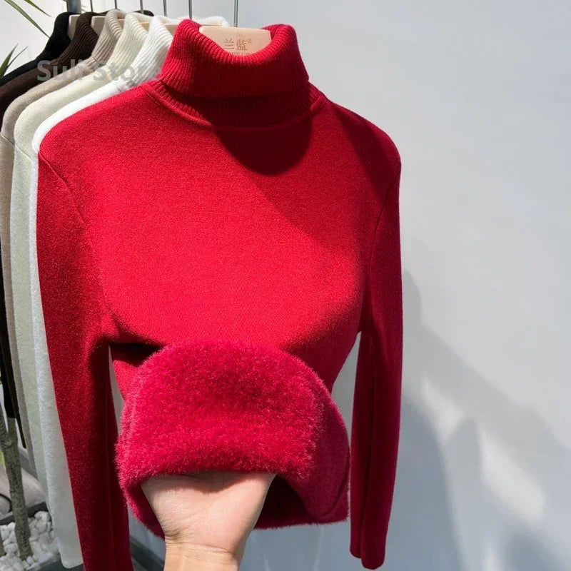 Women's Turtleneck Sweater™ Retro Red with Velvet Lining Thickened Inner Wear Thermal Knitting Bottoming Shirt