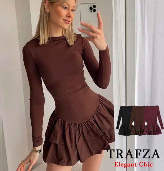 Women Dress™ TRAFZA Long Sleeve Dress Layered Hem Stretch Slim Brown Short Dress
