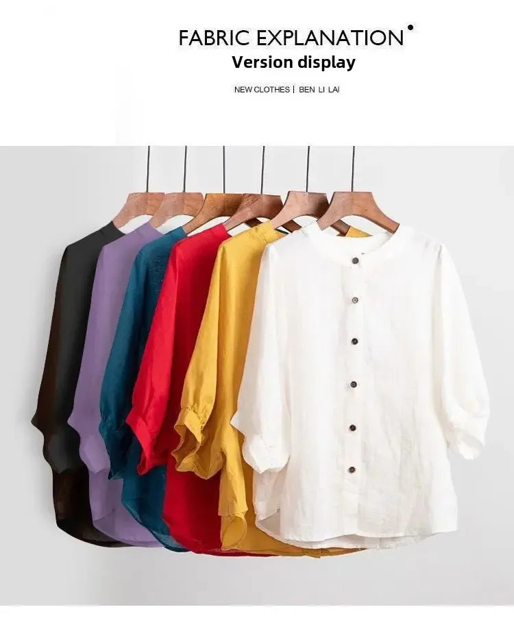 Women's Cotton Linen Shirts™ Loose Fit Round Neck Plus Lantern Sleeve Shirt