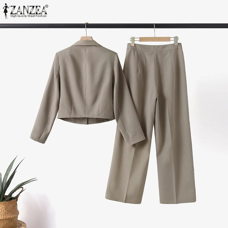 Women's Vintage Tracksuit™ ZANZEA Elegant Blazer Long Sleeve Tops Wide Leg Pants Work Suit