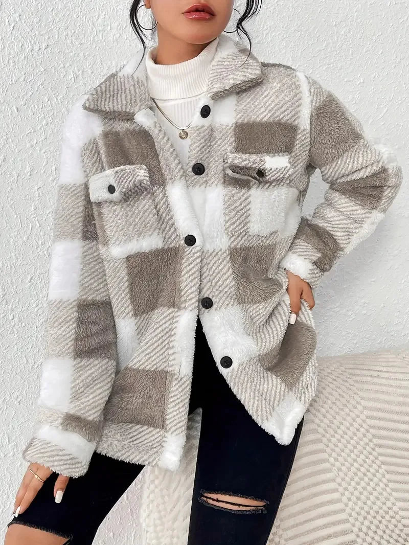 Women's Jacket™ Open-button lapel plaid coat plaid pattern button front jacket warm