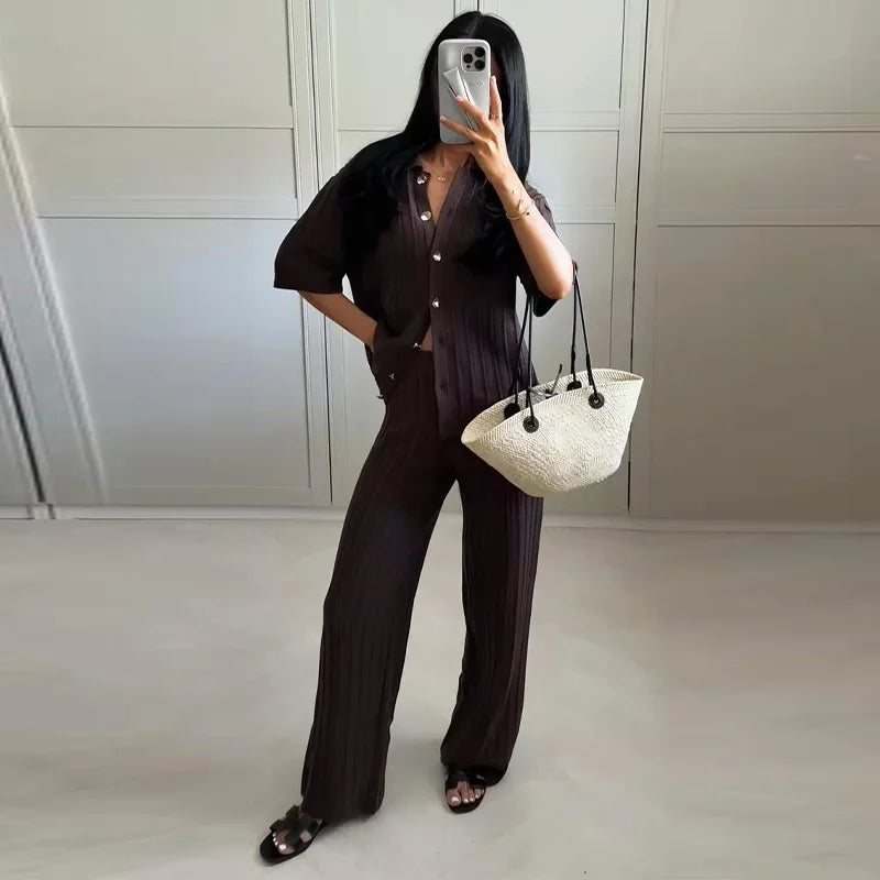 Women's Knitted Pants & Tops Set™ Turn Down Collar Half Sleeve Tops & Elastic Waist Straight Trousers Outfits
