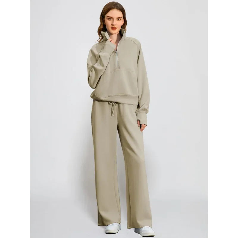 Women's European Style 2-Piece Set™ Zip Up Polo Shirt Wide Leg Sweatpants Casual Suit