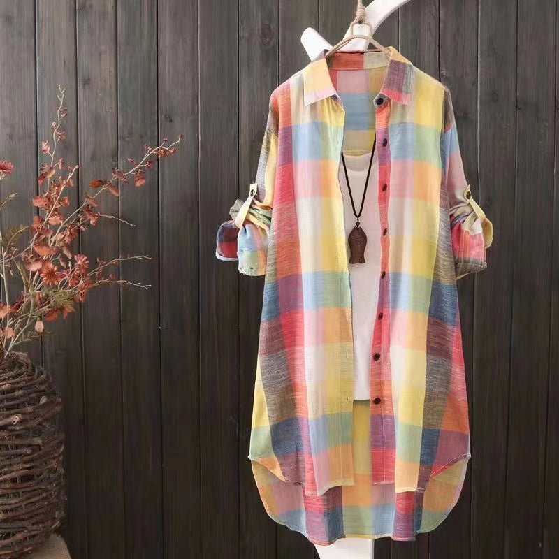 Women's Plus Size Loose Plaid Blouse™ Mid Length Long Sleeve Cotton Shirt Outwear
