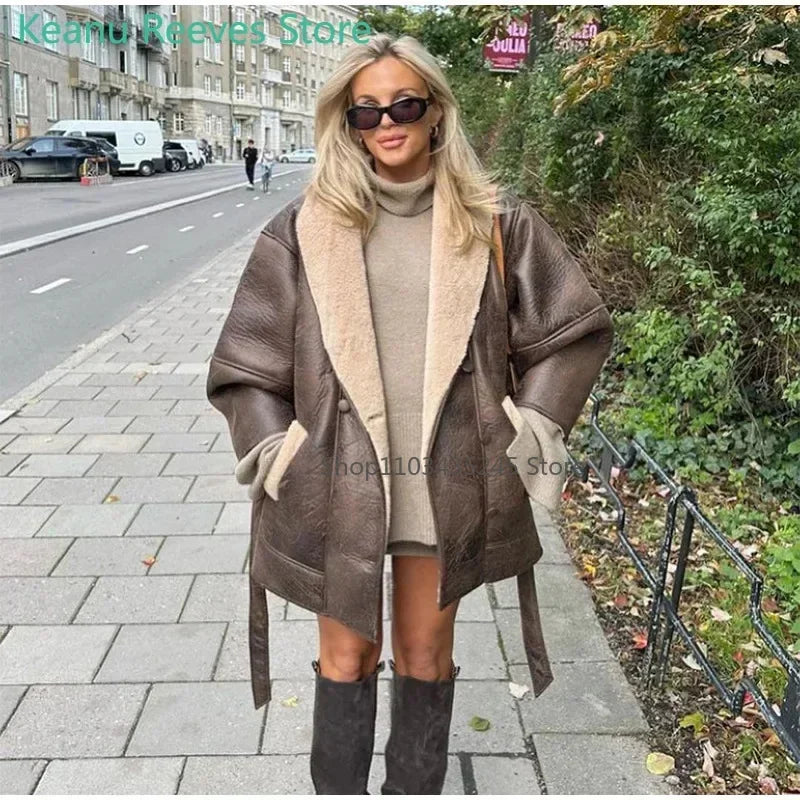 Women's Sheepskin Neck Spliced Faux Leather Coat™ With Belt Fashion Loose Lapel Pocket Overcoat Winter Warm Thicken Streetwear