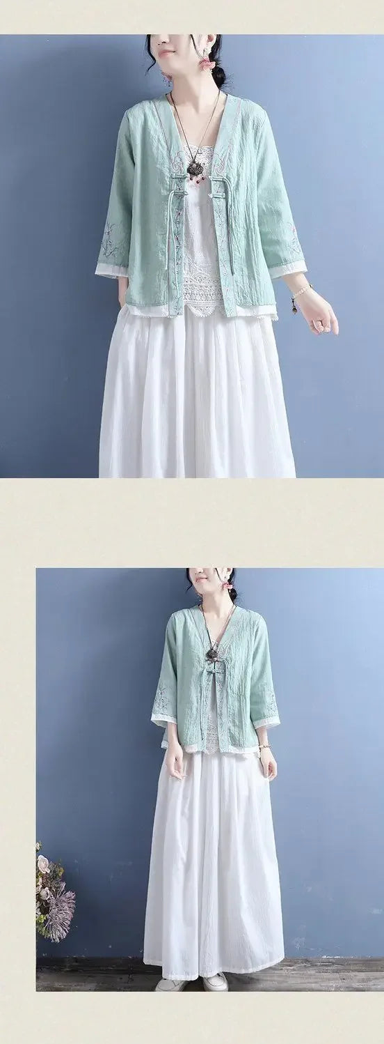 Women's V-neck Cotton Cable Knit T-shirt™ Double Button Seven Half Sleeve Vintage Cardigan