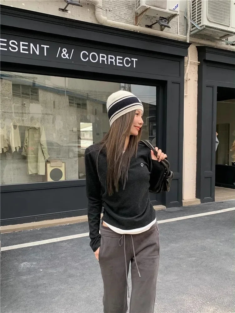 Women's T-Shirt™ Long Sleeves Korean Fashion Style O-neck Fake two items T-shirt