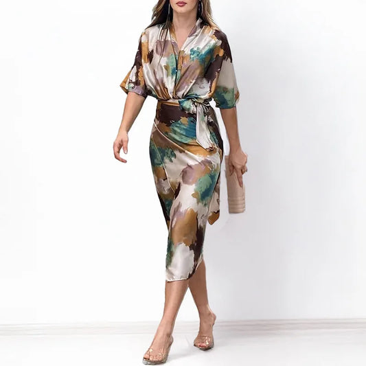 Women's Maxi Dress™ Solid Short Sleeve V Neck Waist Length With Belt Tie Up Slit Party Dresses