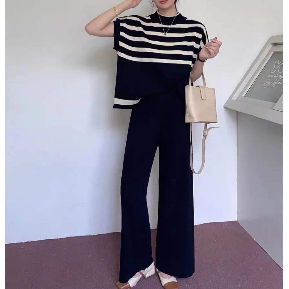 Women's Summer Suit™ 2 Pieces Set O-Neck Sleeves Tank Top Stripe Sweater Wide Leg Pant Set Outfit