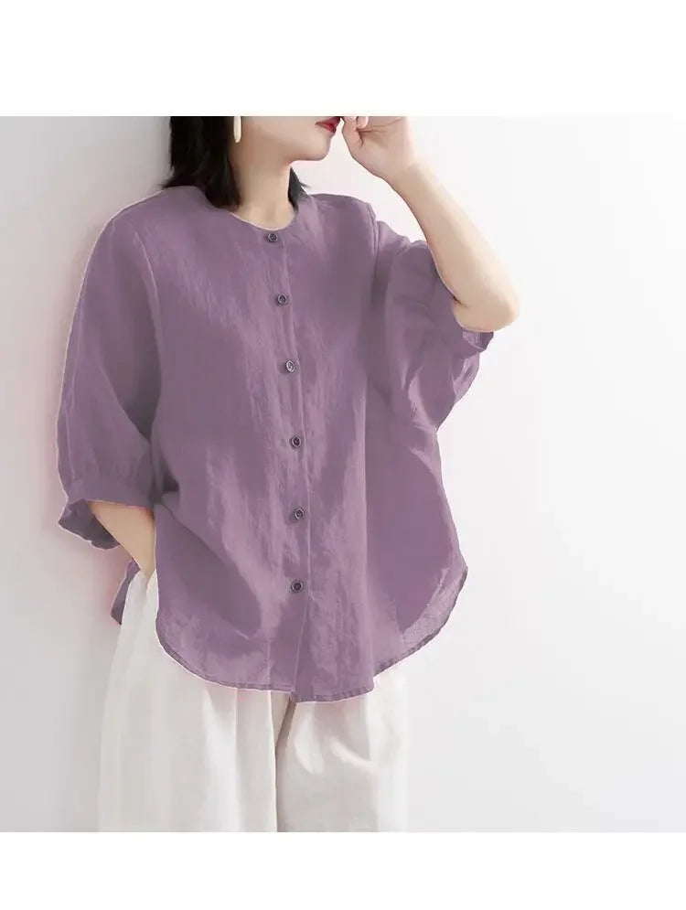 Women's Cotton Linen Shirts™ Loose Fit Round Neck Plus Lantern Sleeve Shirt