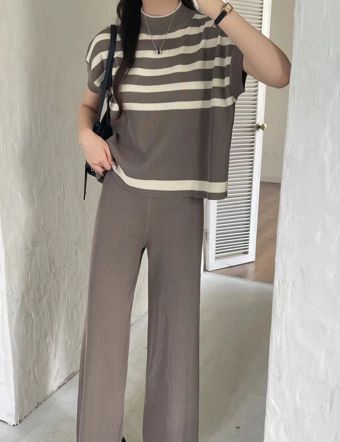 Women's Summer Suit™ 2 Pieces Set O-Neck Sleeves Tank Top Stripe Sweater Wide Leg Pant Set Outfit