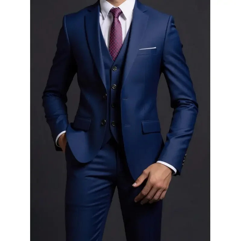 Men's Suit (Blazer+ Vest + Trousers) British Style Solid-color Suit