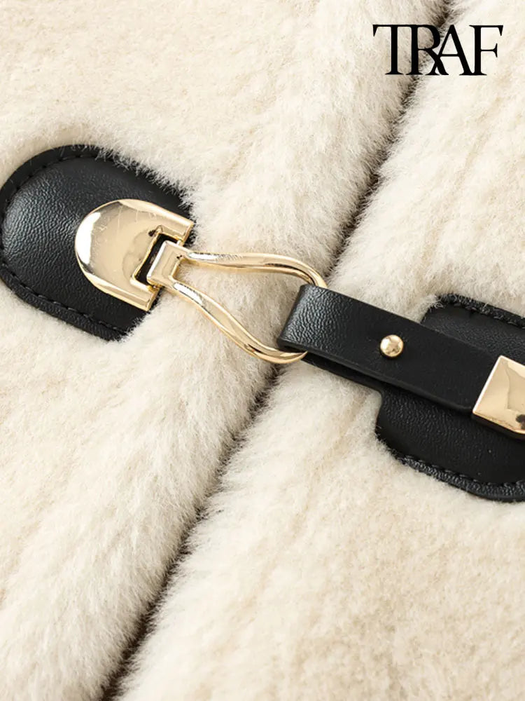 Women's Thick Warm Faux Fur Jacket™ TRAF Long Sleeve Coat, Front Toggle Coat