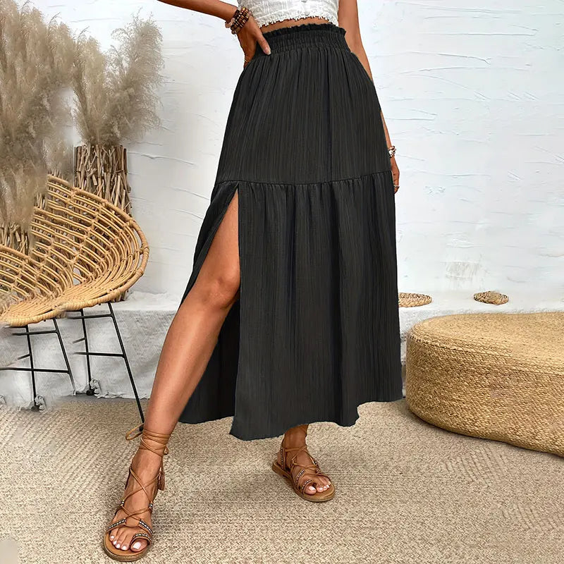 Women Bohemian Midi Skirt™ High Waist Solid A Line Ruffle Side Slit Skirts