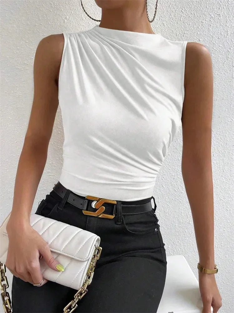 Women's Casual Mock Neck Tank Tops™ Solid Color Slim Fit Pleated Sleeveless T Shirt