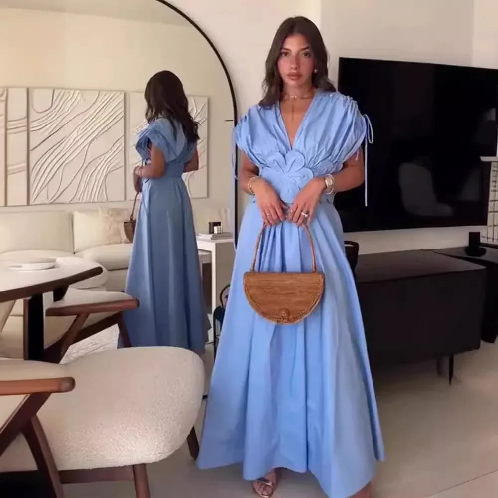 Women's V-Neck Blue Dress™ Waist-Fitted Bow-Decored Long Dress