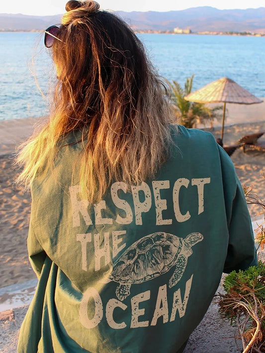 Respect The Ocean Green Turtle Printed Women's T-shirts™ Short Sleeve O-Neck T-shirts