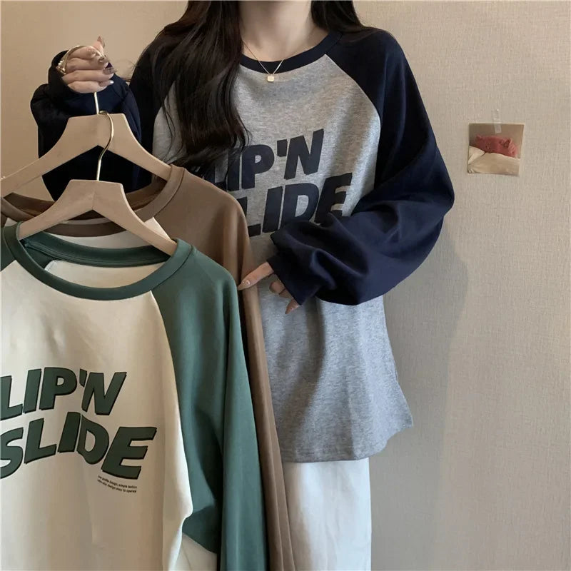 Women's Letter Printed T-Shirt™ Autumn Winter Thickened Frosted Color Block Shoulder Sleeve Lazy Loose Large Version Round Neck T-Shirt