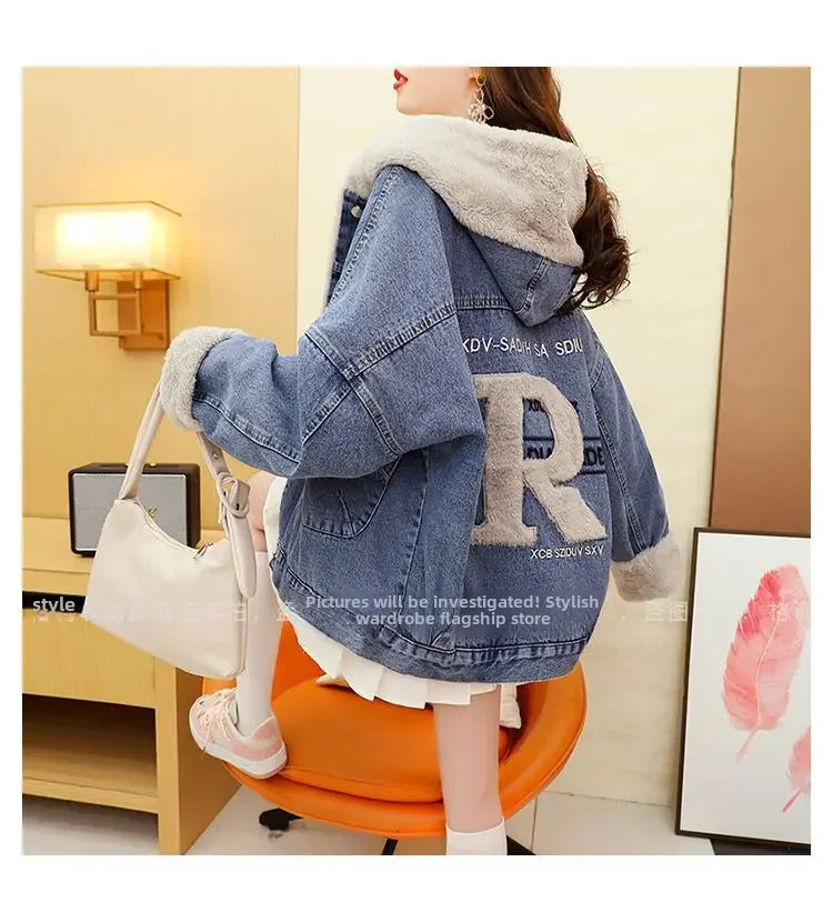 Women's Fleece-lined Jacket™ Thickened Denim Style Loose Fit High-end Feel Idle Top