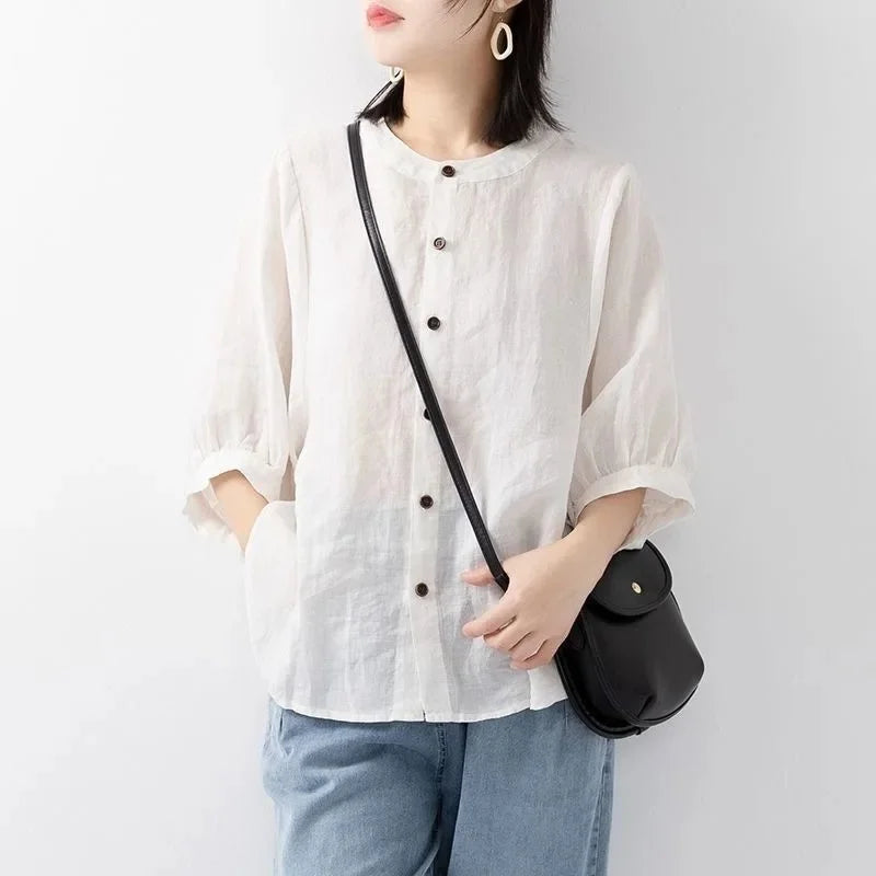 Women's Cotton Linen Shirts™ Loose Fit Round Neck Plus Lantern Sleeve Shirt
