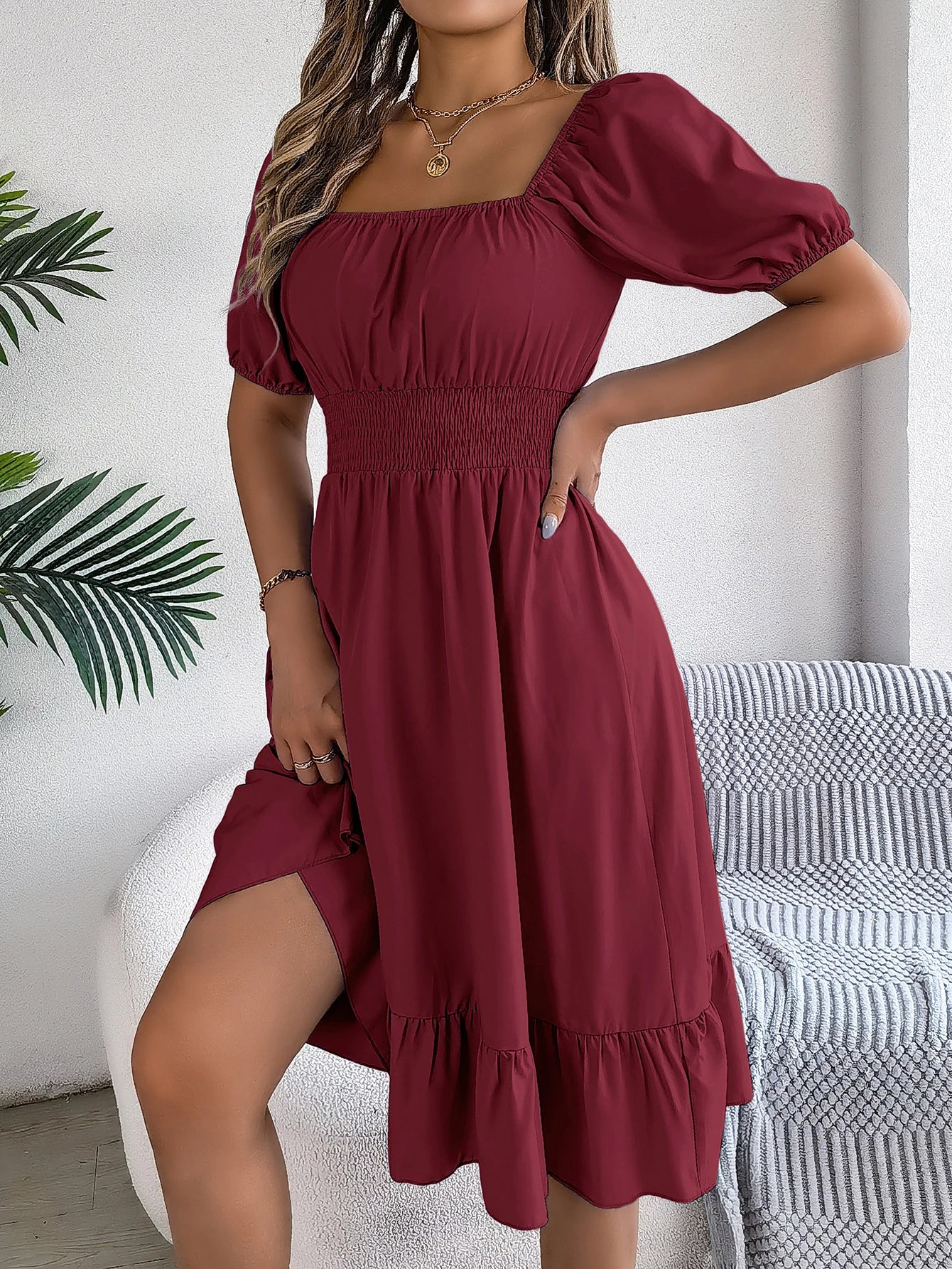 Women's Solid Puff Sleeve Square Neck Dress™ Ruched Bust Ruffle Hem Waist Dress,