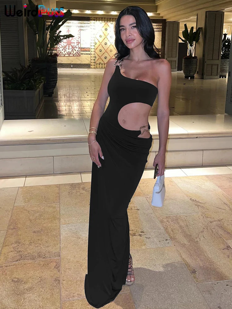 Women's Metal Buckle Dress™ Irregular Hollow Split One Shoulder Skinny Maxi Bodycon Dress