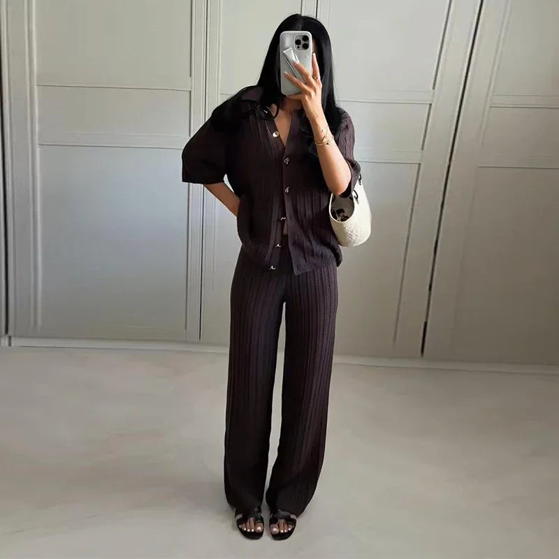 Women's Knitted Pants & Tops Set™ Turn Down Collar Half Sleeve Tops & Elastic Waist Straight Trousers Outfits