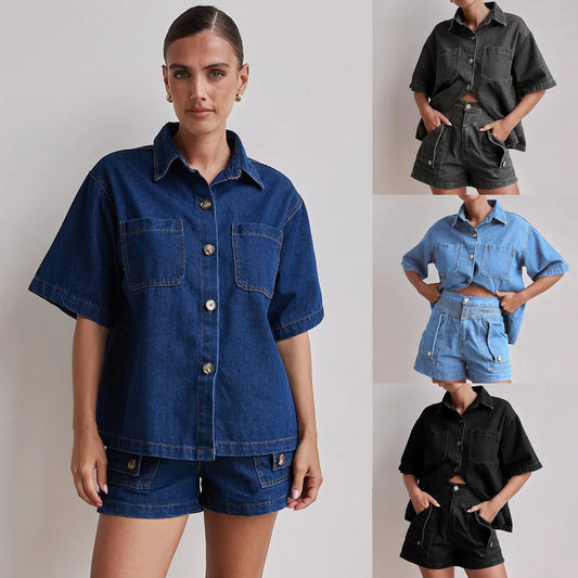Women's Cross-Border Summer Suit™ Casual Vintage Loose-Fit Denim Shorts Suit