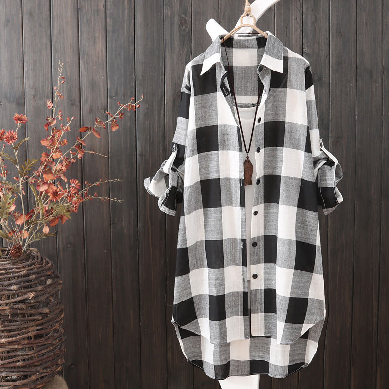 Women's Plus Size Loose Plaid Blouse™ Mid Length Long Sleeve Cotton Shirt Outwear