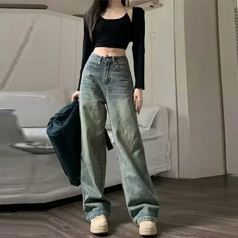 Women's Baggy Jeans™ Y2K Vintage Irregular High Waist Slimming Wide Leg Mop Long Pants Blue Baggy Jeans