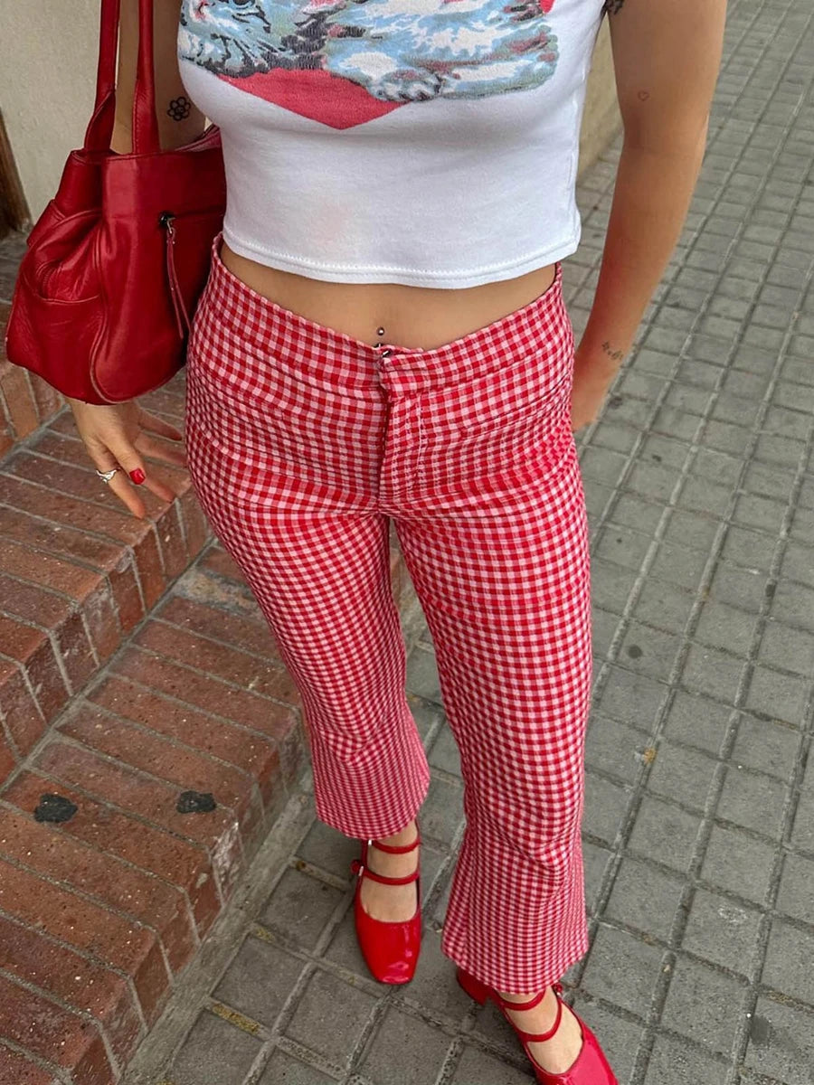Women's Red Straight Leg Flare Pants™ High Waist Plaid Checkerboard Y2k Vintage Trousers