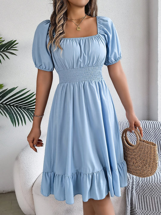 Women's Solid Puff Sleeve Square Neck Dress™ Ruched Bust Ruffle Hem Waist Dress,