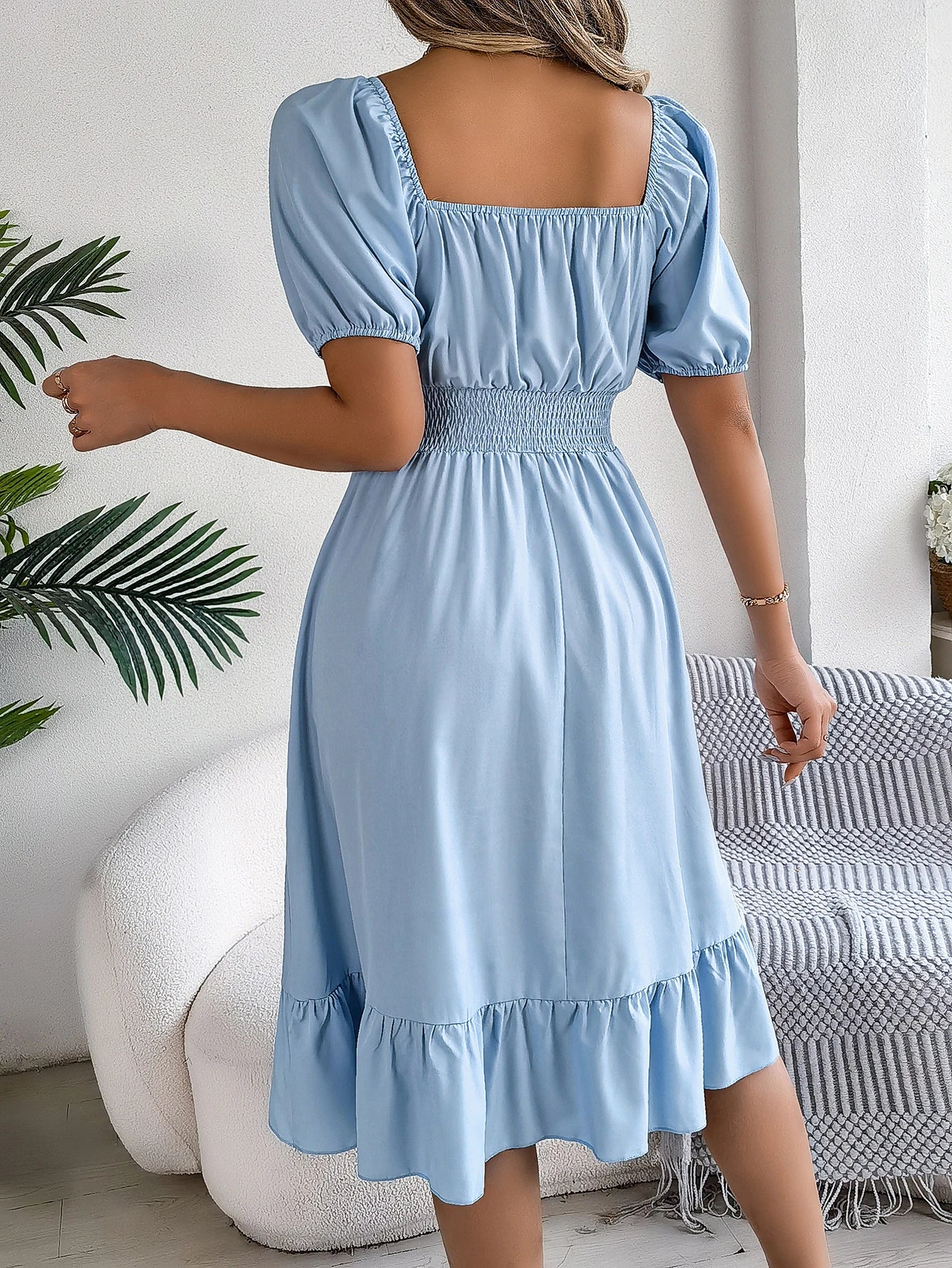 Women's Solid Puff Sleeve Square Neck Dress™ Ruched Bust Ruffle Hem Waist Dress,