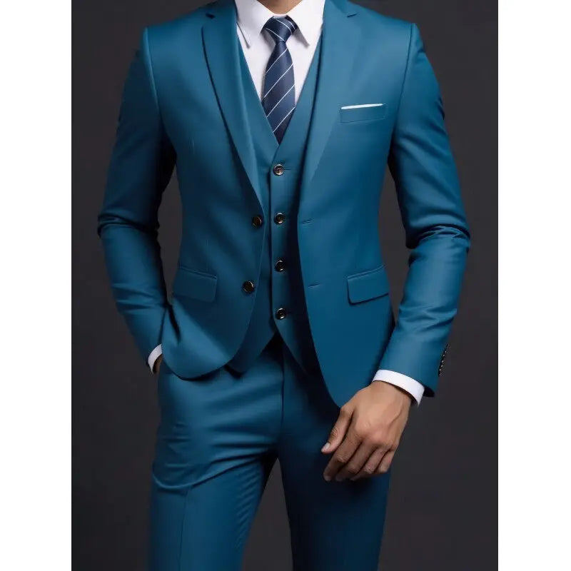 Men's Suit (Blazer+ Vest + Trousers) British Style Solid-color Suit
