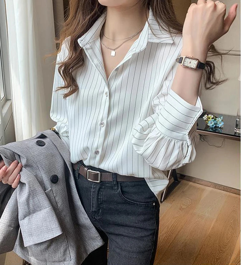 Women's Striped Shirt™ Y2K Summer Vintage Chic Loose Long Sleeve Office Ladies Shirt