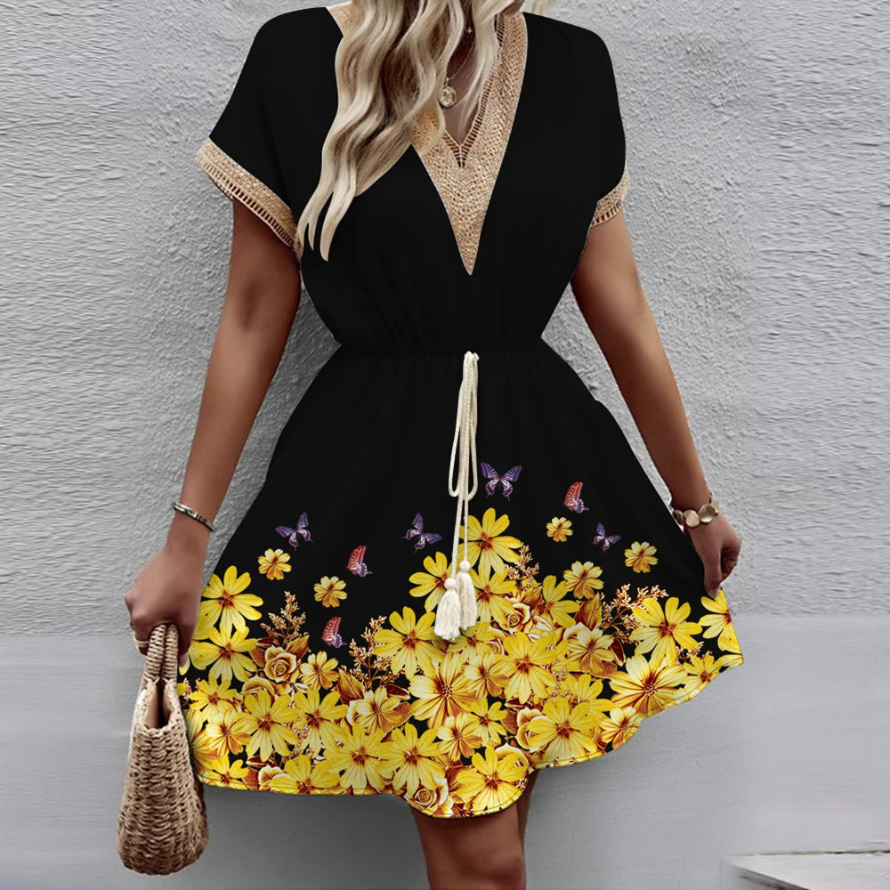 Women's Medium Length Dress™ Bat Sleeves  V-Neck Waist Wrap Lace Dress