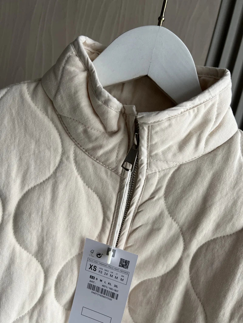 ZW Women's Cotton Jacket™ Traf New Arrival Vintage Lensing Rayon High Collar Large Pocket Quilted Coat
