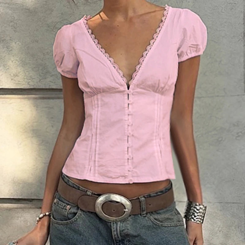 Women's Summer T-Shirt™  V-neck Lace Patchwork French Style Puff Sleeve White Blouse Y2K Aesthetics Cute Tops