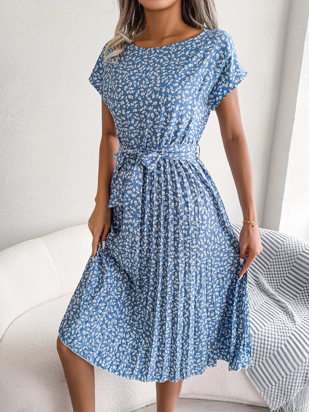 Women Dresses™ Spring Summer Short Sleeve High Waist Floral Pleated A Line Long Dress