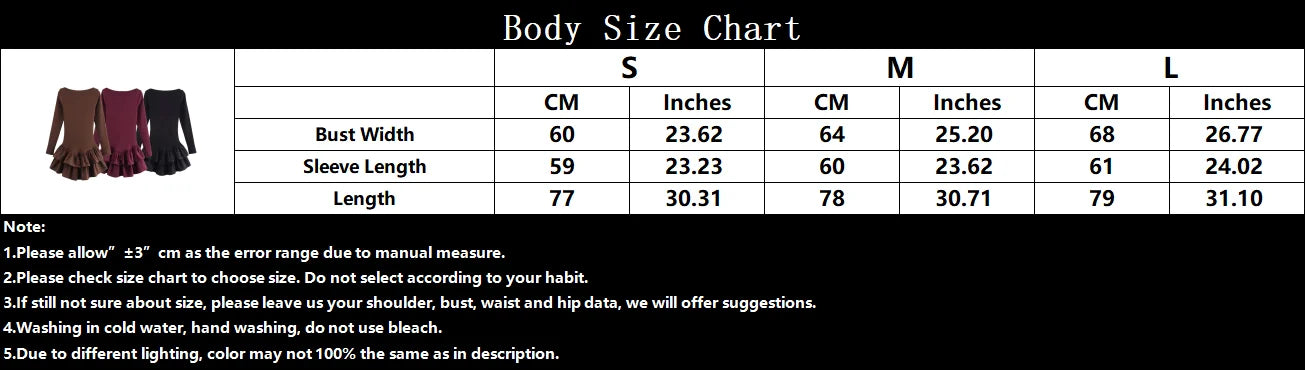 Women Dress™ TRAFZA Long Sleeve Dress Layered Hem Stretch Slim Brown Short Dress