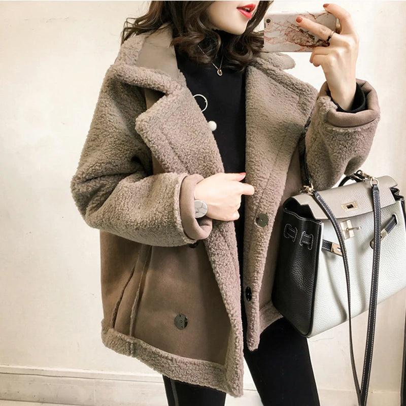 Woman's Lamb Wool Plush™ Shearling Long Sleeve Casual American Retro Short Jacket